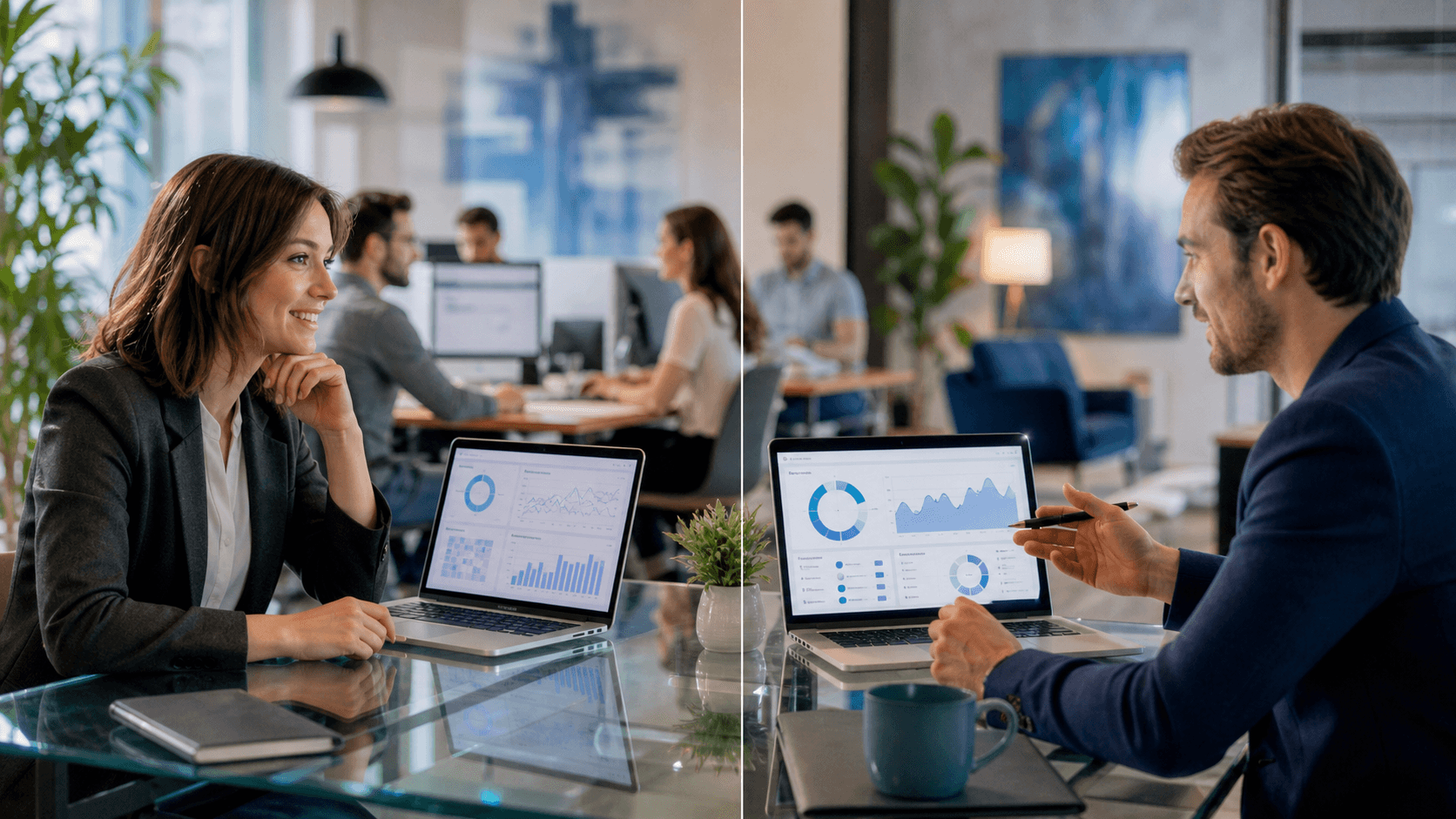Split-screen illustration of a glowing AI search interface with office team on one side and remote specialists on the other