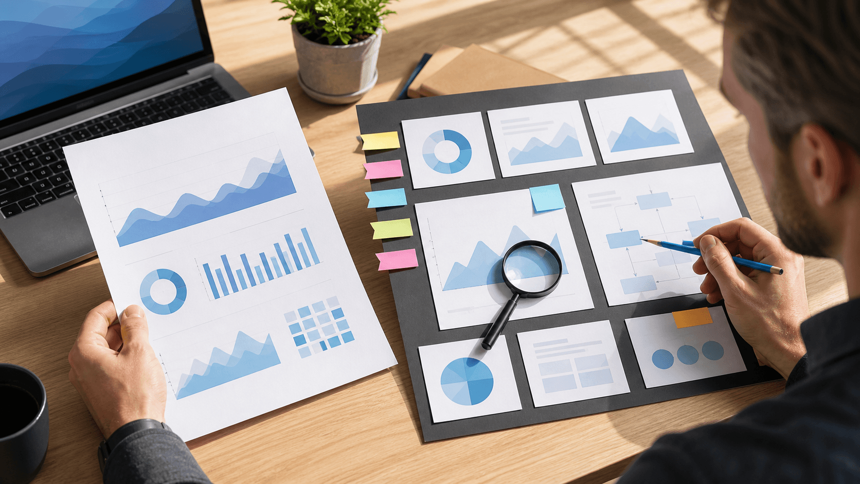 Split-screen illustration of a consultant and glowing AI dashboard in blue and orange tones.