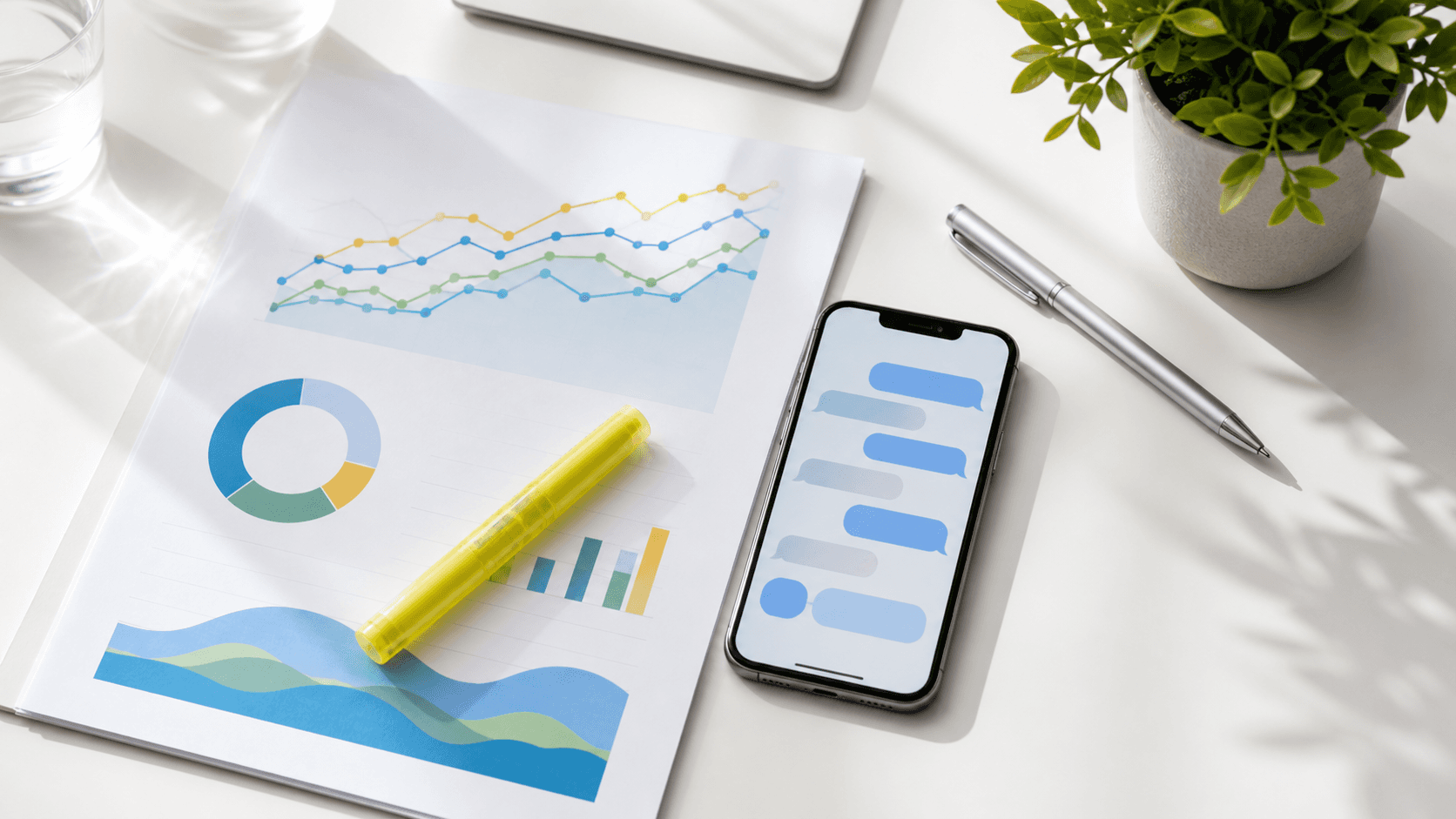 Magnifying glass over search results with AI icons and ranking charts