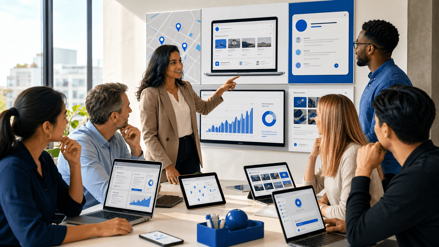 Glowing search icons and upward graphs connect across a blue digital network backdrop.
